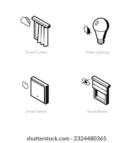 Simple set of smart home icons. Contains such symbols as Smart curtain, Smart lighting, Smart switch and Blinds.