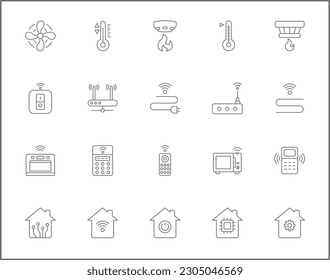 Einfache Set von intelligenten häuslichen Vektorgrafiken. Vektorgrafik-Sammlung von Symbolen für Haus, Hub, Türschloss, Sensor, Steuerung, intelligente Uhr, Beleuchtung, Geräte, Waschmaschine und Design 