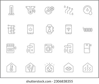 Simple Set of smart home Related Vector Line Icons. Vector collection of house, hub, door lock, sensor, control, smart watch, lighting, devices, washing machine and design elements symbols 