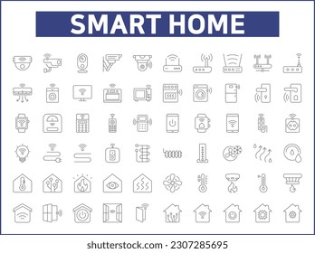 Conjunto simple de iconos de línea de vectores relacionados con el hogar. Colección de vectores de los símbolos de la casa, cubo, cerradura de puerta, sensor, control, reloj inteligente, iluminación, dispositivos, lavadora y elementos de diseño 