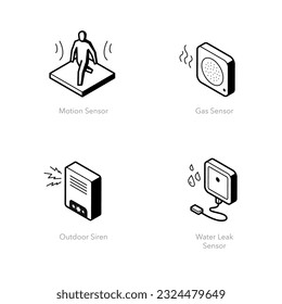 Conjunto simple de iconos inteligentes de seguridad doméstica. Contiene símbolos como sensor de movimiento, sensor de gas, sirena exterior y sensor de fuga de agua.