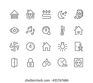 Simple Set of Smart House Related Vector Line Icons. 
Contains such Icons as Fan Control, Camera, Light Settings, Humidity and more. 
Editable Stroke. 48x48 Pixel Perfect. 