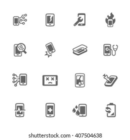 Simple Set of Smart Phone Repair Related Vector Icons. Contains Such Icons as Screen Crack, Protective Glass, Battery Replacement, Diagnose and More.