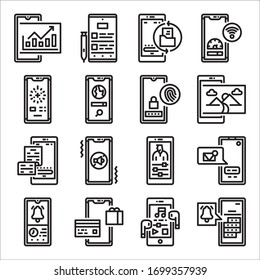Conjunto simple de iconos de línea de vectores relacionados con aplicaciones Smartphone