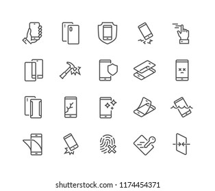 Simple Set of Smartphone Protection Related Vector Line Icons. 
Contains such Icons as Screen Protector, Delicate Touch, Tempered Glass and more. Editable Stroke. 48x48 Pixel Perfect.