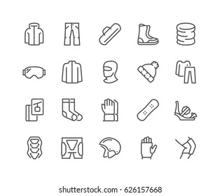 Simple Set of Snowboarding Related Vector Line Icons. 
Contains such Icons as Body Armor, Snowboard Bindings, Protecting Equipment and more.
Editable Stroke. 48x48 Pixel Perfect.