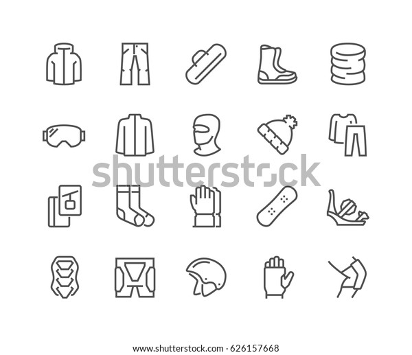 Simple Set\
of Snowboarding Related Vector Line Icons. \
Contains such Icons as\
Body Armor, Snowboard Bindings, Protecting Equipment and\
more.\
Editable Stroke. 48x48 Pixel\
Perfect.