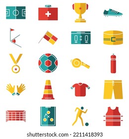 Simple set of Soccer Related Vector Flat Icons. Contains icons like Stadium, Field, Championship Cup and many more editable Strokes. There are 20 icon sets