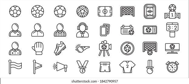 Simple Juego de plantillas de diseño gráfico de iconos relacionados con el deporte de fútbol. Contiene íconos como árbitro, comentarista, silbato, tarjeta, boleto, guante, zapatos, uniforme, medalla, bandera, horario y puntuación