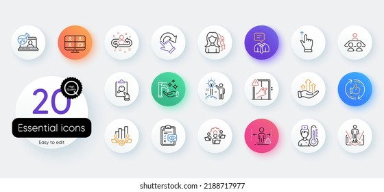 Simple set of Social distance, Video conference and Refresh like line icons. Include Rotation gesture, Women headhunting, Inspect icons. Teamwork, Thermometer, Online chemistry web elements. Vector