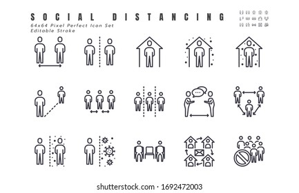 Simple Set of Social Distancing, Coronavirus Disease 2019 Covid-19 Line Icons such Icons as Stay Home, Quarantine, Work from Home, Avoid Crowded Place. 64x64 Pixel Perfect Editable Stroke Vector.
