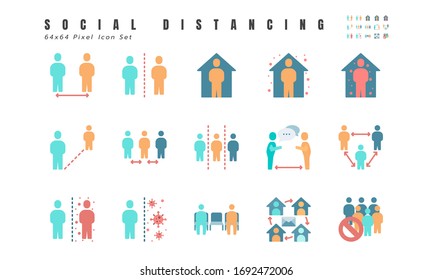 Simple Set Of Social Distancing, Coronavirus Disease 2019 Covid-19 Flat Icons Such Icons As Stay Home, Quarantine, Work From Home, Avoid Crowded Place. 64x64 Pixel Editable Stroke Vector.