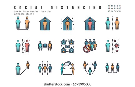 Simple conjunto de distanciamiento social, enfermedad de Coronavirus 2019 Iconos de línea rellenados Covid-19 tales como permanecer en casa, cuarentena, trabajo desde casa, evitar lugares repletos. Vector de trazo editable