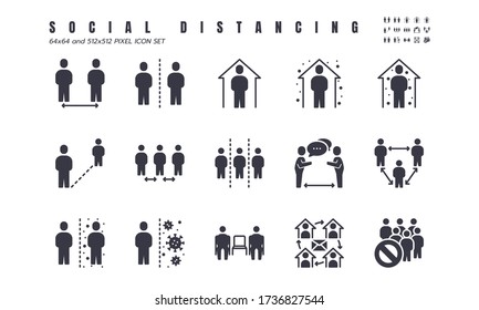 Simple Set of Social Distancing, Coronavirus Disease 2019 Covid-19 Solid Glyph Icons such Icons as Stay Home, Quarantine, Work from Home, Avoid Crowded Place. 64x64 and 512x512 Pixel Vector.