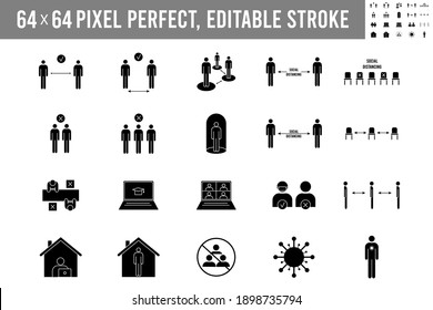 Simple Set of social distancing icon. Icons, self quarantine, stay home, work from home, avoid crowded place, space. Keep your distance. 64x64 pixel perfect, editable stroke vector illustration.