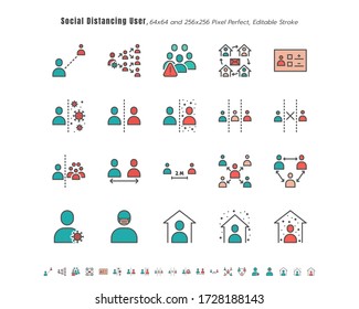 Simple Set of Social Distancing People or User. Coronavirus 2019 or Covid-19 Related. Such as Work from Home, Quarantine, Avoid Risk. Filled Outline Icons Vector. 64x64 Pixel Perfect. Editable Stroke.