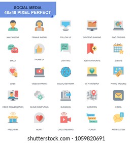 Simple Set Social Media and Network Flat Icons for Website and Mobile Apps. Contains such Icons as Avatar, Emoji, Chating, Likes. 48x48 Pixel Perfect. Editable Stroke. Vector illustration.