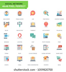Simple Set Social Media and Network Flat Icons for Website and Mobile Apps. Contains such Icons as Avatar, Blogging, Selfie, Friendship. 48x48 Pixel Perfect. Editable Stroke. Vector illustration.