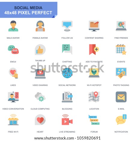 Simple Set Social Media and Network Flat Icons for Website and Mobile Apps. Contains such Icons as Avatar, Emoji, Chating, Likes. 48x48 Pixel Perfect. Editable Stroke. Vector illustration.