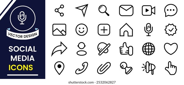 Conjunto simple de iconos de línea de Vector relacionados con las redes sociales. Conjunto de iconos de línea de redes sociales. Compartir, me gusta, mensaje, ícono de correo electrónico, ícono de Galería para Diseño web. Ilustración vectorial.