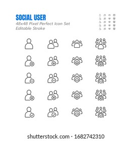 Simple Set of Social User Vector Thin Outline line Icons such as Meeting, Business Communication, Teamwork, connection, speaking, Add, Search and more. 48x48 Pixel Perfect. Editable Stroke.