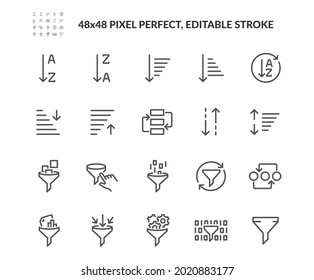 Simple Set of Sorting And Filtering Related Vector Line Icons. 
Contains such Icons as Data Processing, Structure Order, Digital Management and more. Editable Stroke. 48x48 Pixel Perfect. - Shutterstock ID 2020883177