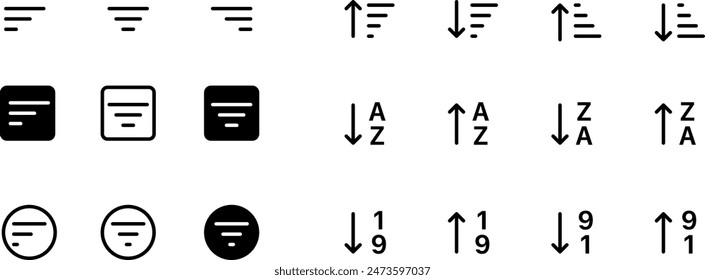 Simple Set of Sorting And Filtering Related Line Icons. Contains such Icons as Data Processing, Structure Order, Digital Management collection of sort, order, filter arrange list descending ascending