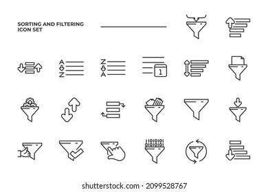 simple set of Sorting And Filtering vector icons with editable line styles covering arrange alphabetically, arrange by date, filter and other. isolated on white background. 