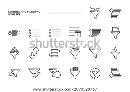 simple set of Sorting And Filtering vector icons with editable line styles covering arrange alphabetically, arrange by date, filter and other. isolated on white background. 