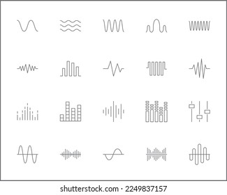 Conjunto simple de iconos de línea de vectores relacionados con ondas de sonido.
Colección vectorial de elementos de vibración, señal, analógico, sonido, audio, gráfico, ecualizador, música y diseño, símbolos o logotipo.
