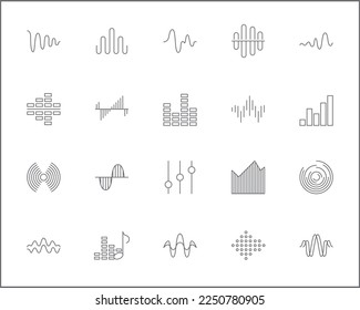 Conjunto simple de iconos de línea de vectores relacionados con ondas de sonido.
Colección vectorial de elementos de vibración, señal, analógico, sonido, audio, gráfico, ecualizador, música y diseño, símbolos o logotipo.
