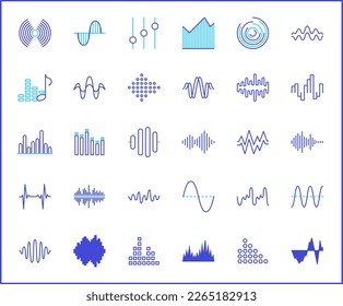 Simple Set of sound wave Related Vector Line Icons. Vector collection of vibration, signal, analog, sound, audio, graph, equalizer, music and design elements symbols or logo element.