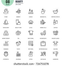 Simple Set of Spa and Beauty Related Vector Line Icons. Contains such Icons as Stone, Bamboo, Massage Oil, Spa Towel, Lipstick, Herbal Pills and more. Editable Stroke. 48x48 Pixel Perfect.