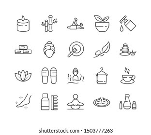 Simple Set of SPA Related Vector Line Icons. Contains such Icons as Massage, Candle, Sauna and more.