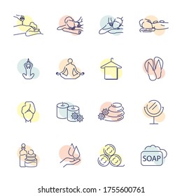 Simple set of spa related vector line icons. contains such icons as massage, Idea, business and more for website design, mobile app, logo.