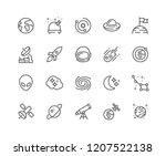 Simple Set of Space Related Vector Line Icons. Contains such Icons as Observatory, Planet Earth, Alien and more. Editable Stroke. 48x48 Pixel Perfect.