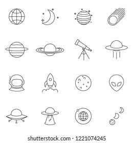 Simple Set of Space Related Vector Line Icons. Contains such Icons as rocket, astronaut, alien, comet, satellite and More. Symbol, logo illustration.