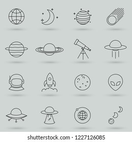 Simple Set of Space Related Vector Line Icons. Contains such Icons as rocket, astronaut, alien, comet, satellite and More. Symbol, logo illustration.