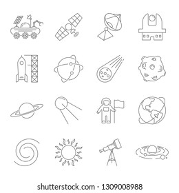 Simple Set of Space Related Vector Line Icons. Contains such icons as Observatory, Planet Earth, Asteroid, Astronaut, Saturn, Moon, Moon Rover, Solar system and other. Editable Stroke. EPS 10 