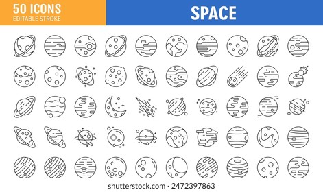 Simple Set of Space Related Vector Line Icons. Contains such Icons as Observatory, Planet Earth, Alien and more. Editable Stroke. 