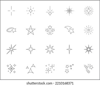 Einfache Set von funkelbezogenen Vektorgrafik-Symbolen.
Vektorgrafik von Stern- und glitzernden Symbolen oder Logoelementen in dünner Umrisslinie.
