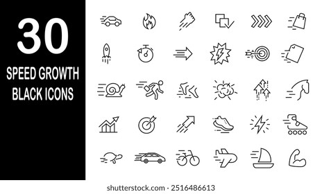 Simple set of speed growth related line icons. black icons.
