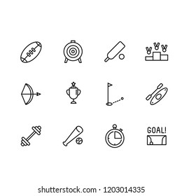 Simple set sport and active lifestyle vector line icon. Contains such icon american football, rugby, baseball, cricket, archery, golf, kayak, extreme sport , bodybuilding, dumbbells goal stopwatch
