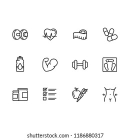 Simple set sport, fitness, gym equipment related vector line icons. Fitness training, bodybuilding, dumbbells, weight loss, muscle, sports nutrition