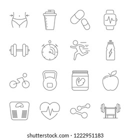 Simple set sport, fitness, gym equipment related vector line icons. Fitness training, bodybuilding, dumbbells, weight loss, muscle, sports nutrition