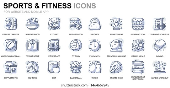 Simple Set Sport and Fitness Line Icons for Website and Mobile Apps. Contains such Icons as Fit Body, Swimming, Fitness App, Supplements. Conceptual thin line icon. Vector pictogram pack.