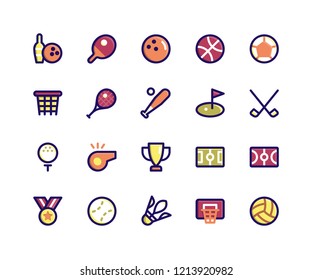 Simple Set of Sport Related Vector Filled Line Icons. Contains such Icons as bowling, tennis, basketball, soccer, baseball and More. pixel perfect vector icons based on 32px grid. Editable Strokes.