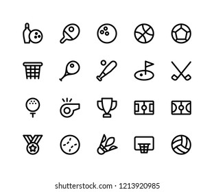 Simple Set of Sport Related Vector Line Icons. Contains such Icons as bowling, tennis, basketball, soccer, baseball and More. pixel perfect vector icons based on 32px grid. Editable Strokes.