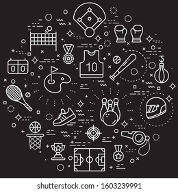 Simple Set of sport Related Vector Line Illustration. Contains such Icons as target, basketball, award, volleyball, tennis and Other Elements. Modern style line drawing and background color black.