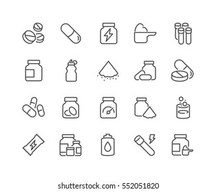 Simple Set of Sport Supplements Related Vector Line Icons. 
Contains such Icons as Protein, Vitamin, Full Stack Supplements and more.
Editable Stroke. 48x48 Pixel Perfect.